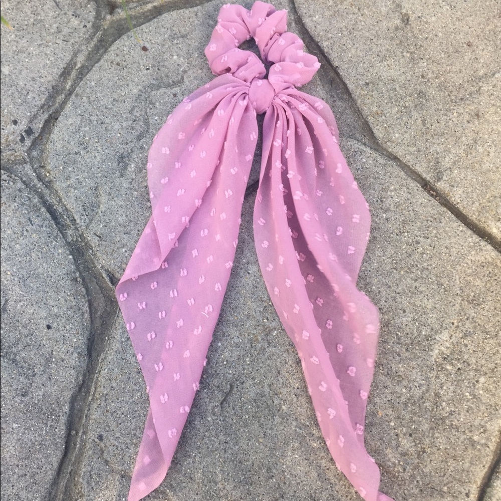 Swiss dot pink hair tie with scarf